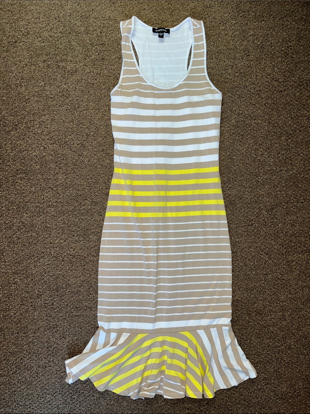 bebe Beige, White and Neon Yellow Striped Tank Dress